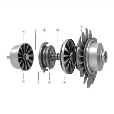 An exploded view of a jet engine showcasing various components in detail. The turbine section is prominently displayed with its blades arranged in a circular fashion, revealing the inner mechanisms. The compressor section is adjacent, featuring multiple fan blades and intricate patterns. Each part is labeled clearly with arrows pointing to their respective sections. The background is a neutral color to enhance visibility of the engine parts.