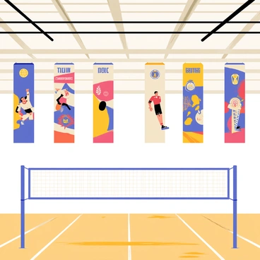 Banners hanging in a gym showcasing past volleyball championships and achievements