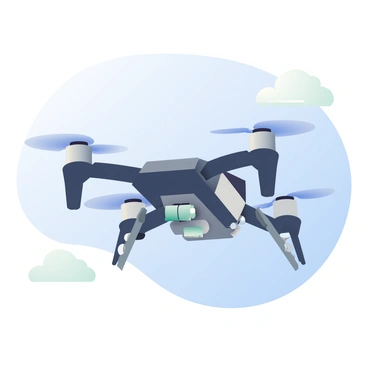 A drone with a sleek, modern design is depicted in mid-flight, showcasing its retractable landing gear in motion. The drone is primarily black with silver accents, and its four propellers are spinning, creating a slight blur to indicate movement. The landing gear, which is metallic and segmented, is partially extended, revealing intricate mechanisms and joints as it retracts into the body of the drone. The background features a clear blue sky, with a few fluffy white clouds to emphasize the height at which the drone is flying.