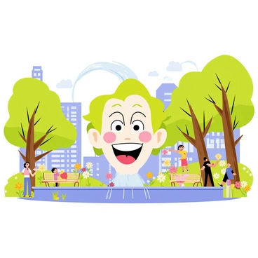 A water fountain in the shape of a joker's face positioned centrally within a vibrant city park. The joker's face features exaggerated facial expressions, with bright green hair that flows like water. The fountain's mouth is open, allowing water to shoot out in a playful arc. Surrounding the fountain are lush green trees providing shade, and colorful flower beds in full bloom. Children can be seen laughing and playing nearby, while a few benches are scattered around, inviting visitors to sit and enjoy the cheerful atmosphere.