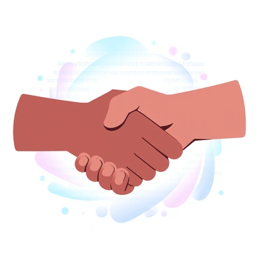 Two hands are shaking firmly in a gesture of agreement. The hands are slightly angled towards each other, showcasing the texture of the skin and the details of the fingers. Behind the hands, a digital background features an array of circuit patterns and binary code, symbolizing the essence of technology. The colors of the background transition in a gradient of pastel colors, enhancing the modern theme of connection in the digital age.