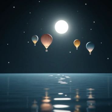 A serene lake reflecting the shimmering surface of the water under a moonlit night sky. Several hot air balloons in various colors, such as vibrant reds, yellows, and blues, are floating gracefully above the lake. The balloons are illuminated from within, casting a warm glow that contrasts beautifully against the dark sky. The moon is bright and full, casting soft light across the scene and creating gentle ripples on the lake's surface. The atmosphere is tranquil, with stars twinkling faintly in the background.