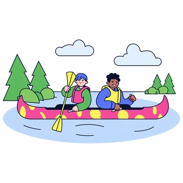 Two friends are paddling side by side in a tandem canoe. The canoe is brightly colored with red and yellow patterns. Each friend is wearing a life jacket; one is in a green jacket and the other in a blue jacket. They are both smiling and actively paddling, their paddles moving in unison. The water around them is calm with gentle ripples, and there are green trees lining the shore in the background. The sky is clear with a few fluffy white clouds.