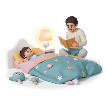 A small child, wearing blue pajamas with cartoon stars, is tucked snugly into bed with a colorful quilt. The child is lying on their side, propped up on one elbow, gazing intently at a parent sitting on the edge of the bed. The parent, wearing a cozy sweater and jeans, is holding an open storybook, reading aloud with a warm smile. The soft glow of a bedside lamp creates a gentle atmosphere, illuminating the pages of the book and casting a warm light over the room. A few plush toys are scattered on the bed and a nightstand holds a glass of water and a clock showing bedtime.