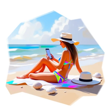 A person with medium skin tone, wearing a colorful swimsuit, is sitting on a sandy beach. They are comfortably reclining on a beach towel, with a wide-brimmed hat resting beside them. The person is focused on their smartphone, signing up for a travel newsletter. In the background, gentle waves lap at the shore, and a few seashells are scattered on the sand. The sun is shining brightly overhead, casting soft shadows around the scene, creating a relaxed and inviting atmosphere.