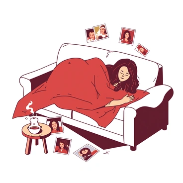 A person with long brown hair is curled up on a plush white sofa, wrapped in a thick red blanket. The sofa has soft cushions, and it sits in a cozy room filled with dim light. Scattered around the person are several old photographs that are slightly yellowed at the edges, some showing smiling faces and joyful moments, while others hint at nostalgia with bittersweet expressions. The person's gaze is fixed on one of the photographs, their expression reflective yet peaceful. A small wooden coffee table nearby holds a steaming cup of tea, adding to the warm atmosphere.
