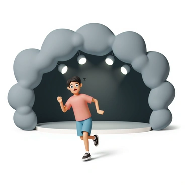 A person, wearing a bright red shirt and blue shorts, is running quickly away from a large, looming stage. Their eyes are wide open and exaggerated in size, showing a clear expression of fear. The background features dark, menacing clouds that enhance the sense of urgency. The person has short black hair that is flying back as they sprint, and their arms are flailing in an animated manner. The stage is enormous, with bright stage lights and a dark, shadowy presence that adds to the dramatic scene.
