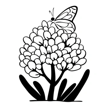 A butterfly with intricate patterns on its wings is perched delicately on a bush filled with numerous buds. The bush is densely packed with varying shapes of buds, showcasing the potential of blooming flowers. The butterfly's wings spread slightly open, revealing the detailed designs while it balances on a slender branch of the bush. The surrounding area features additional leaves and stems, contributing to the overall lushness of the scene.