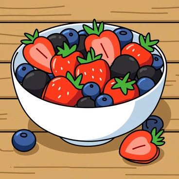 A round, white bowl filled with an assortment of mixed berries, including red strawberries, blue blueberries, and dark blackberries. The bowl is sitting charmingly on a rustic wooden table with a natural grain pattern. A few berries are scattered around the bowl, adding to the scene. The strawberries are sliced in half, showcasing their bright red interior. Sunlight casts soft shadows, highlighting the freshness of the berries.