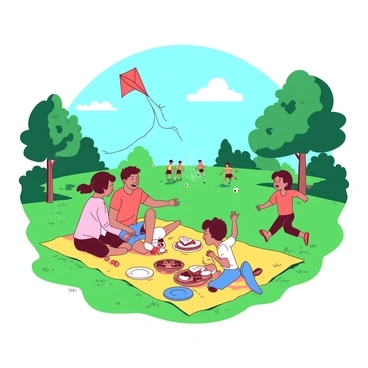 A yellow picnic blanket is spread on the green grass of a park, with a family of four happily gathered around it. The parents and two children are sitting on the blanket, sharing sandwiches and fruit. Nearby, a red kite is flying high in the clear blue sky, while one child is running enthusiastically, holding the kite string. A small blue frisbee lies on the grass beside the picnic blanket, and the other child is preparing to throw it. In the background, a group of people can be seen playing soccer, adding to the lively atmosphere of the park. Trees line the edges of the scene, providing shade and a sense of tranquility.