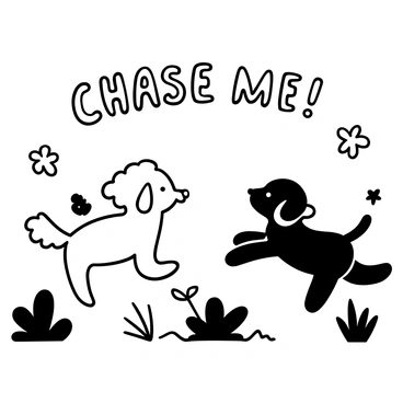 Two playful puppies with fluffy fur are running through a garden filled with various plants and flowers. One puppy is mid-leap, while the other is playfully bounding after it. There are patches of grass under their paws, and butterflies in the air around them. "Chase me!" is inscribed in playful font above the scene.