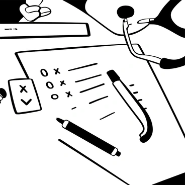 A close-up view of a doctor's desk featuring a stack of lab results. Several test results are neatly arranged, with some values highlighted in bold. A pen lies next to the papers, and a stethoscope is partially visible in the corner of the image. The desk has a clean and organized appearance, with a few other medical supplies scattered around.