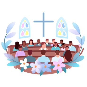 A diverse group of individuals is seated in a church, all attentively listening to a sermon. The congregation includes people of various ethnicities and ages, some wearing formal clothing and others in casual attire. The altar is adorned with blooming lilies in vibrant colors, their petals open and fresh, creating a festive atmosphere. Soft light filters through stained glass windows, casting colorful patterns onto the wooden pews. A large cross is prominently displayed behind the altar, emphasizing the religious context of the gathering.