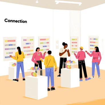 An art gallery with large white walls and polished wooden floors. Display cases filled with colorful friendship bracelets are arranged throughout the space. Each bracelet features different patterns and colors, showcasing intricate beadwork and woven designs. A group of diverse people of varying ages and ethnicities are interacting with the exhibits, some examining the bracelets closely while others discuss their meanings. Soft lighting highlights the details of the bracelets, creating a warm and inviting atmosphere. A sign on the wall reads "Connection" in bold letters, emphasizing the theme of the exhibition.