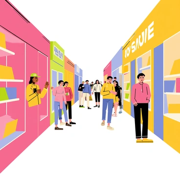 A bustling street scene filled with colorful shops lining both sides. People of various ages and backgrounds walk along the sidewalk, engaging with each other and browsing the shop displays. In the foreground, a person stands slightly apart from the crowd, peeking through a bright red window with curiosity, their expression reflecting a sense of longing. The shop displays are filled with enticing items, showcasing bright colors and interesting shapes, contributing to the lively atmosphere of the street.