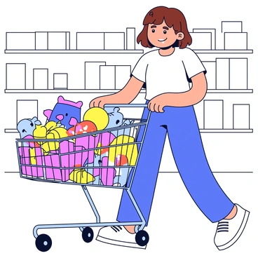 Nobara is depicted pushing a shopping cart that is overflowing with various colorful merchandise. The cart is filled with items such as plush toys, brightly colored boxes, and assorted candies. Nobara has a determined expression on her face as she navigates through a store aisle. She has short, brown hair and is wearing a casual outfit consisting of a t-shirt and jeans. The backdrop shows shelves filled with more merchandise, enhancing the bustling shopping atmosphere.