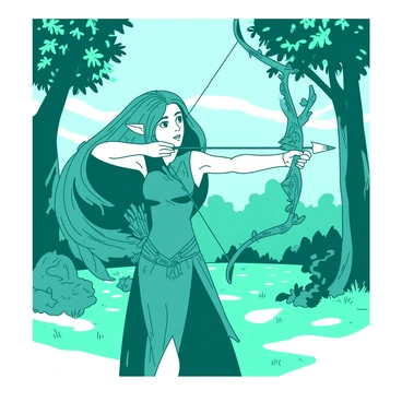 A fantasy elf archer with long flowing hair aiming a glowing arrow