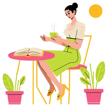 A Gibson girl with an elegant updo hairstyle is sitting at a small round table in an outdoor café. She is wearing a fashionable dress with a fitted bodice and a flared skirt, featuring lace details and floral patterns. In her hands, she holds a cup of coffee with steam rising from it. A closed book rests on the table beside her, and she is gazing down at its pages with a contemplative expression. Surrounding her are potted plants and a bright sunny sky, enhancing the outdoor atmosphere of the café.