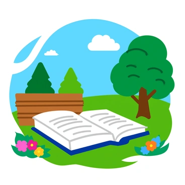 An open book with white pages fluttering in the breeze, revealing snippets of colorful text. The book is resting on a wooden bench surrounded by lush green grass and vibrant flowers. In the background, tall trees provide shade, their leaves rustling gently in the wind. A bright blue sky with white fluffy clouds is visible above, adding to the lively atmosphere of the park.
