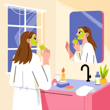 A cozy bathroom scene illuminated by soft, warm lighting. A person with medium-length brown hair is standing in front of a bathroom mirror, applying a green face mask. The person is wearing a white bathrobe, and there are small jars of skincare products and a fluffy towel on the counter. A lit candle flickers nearby, casting gentle shadows on the wall. The reflection in the mirror shows the person's focused expression as they gently spread the mask onto their face. A small plant sits on the windowsill, adding a touch of greenery to the serene nighttime setting.