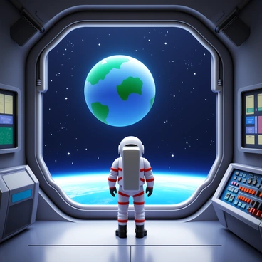 An astronaut in a space suit stands inside a space station. The astronaut looks out through a large window, observing Earth in the distance. The planet is partially illuminated by sunlight, highlighting the blue oceans and green landmasses. Surrounding the Earth, countless stars twinkle in the blackness of space. The interior of the space station features various control panels and equipment, adding to the sense of a high-tech environment. The scene captures the vastness of space and the beauty of our planet from above.