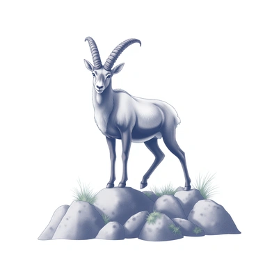 An ibex standing tall on a rocky cliff. Its muscular body is covered with thick fur, which appears to be blowing gently in the spring breeze. The ibex's impressive curved horns rise majestically from its head. The background features a rugged landscape with scattered boulders and patches of grass swaying in the wind. The sky above is clear, emphasizing the height and strength of the ibex in its natural habitat.