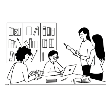 A group of three students is gathered around a large wooden table in a library. One student with curly hair is sitting on the left, reading from a thick book, while another student, wearing glasses, is typing notes on a laptop in the center. The third student, with long straight hair, is standing on the right, pointing at a piece of paper with diagrams. The table is cluttered with books, notebooks, and pens, and tall shelves filled with various books are visible in the background.