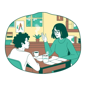 A teal mentor with short hair and glasses is sitting at a round wooden table in a cozy café. Across from them, a young adult with curly hair is leaning forward, listening intently. Both are holding white mugs filled with steaming coffee. The café has warm lighting, and behind them, there is a wall adorned with various colorful art pieces. A small potted plant is placed on the table, adding a touch of nature to the scene. The mentor gestures with their right hand, emphasizing a point, while the young adult nods thoughtfully.