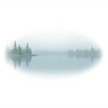 A vast lake with crystal-clear, still waters that perfectly reflect the sky above. In the center of the lake's surface, there is a distinct reflection in the shape of a "sad face." The lake is surrounded by a soft layer of mist that gently hovers above the water, creating a mysterious atmosphere. Towering trees with green leaves line the edges of the lake, their silhouettes slightly blurred by the mist, adding depth to the scene. The overall color palette is a mix of soft blues and greens, enhancing the tranquil yet somber feeling of the landscape.