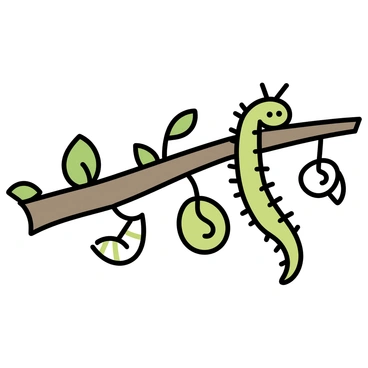 A green caterpillar with small hairs is climbing a sturdy brown tree branch. The branch has a rough texture and is adorned with several silky cocoons in varying shades of pale green and white, hanging down from it. The scene is filled with bright green leaves surrounding the branch, creating a natural habitat for the caterpillars and cocoons.