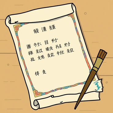 An ancient-looking scroll unrolled partially, revealing delicate parchment with frayed edges. The scroll features elegant, faded calligraphy that displays the traditional recipe for "moo deng." The text is surrounded by intricate, ornate borders adorned with traditional motifs. There are hints of vibrant colors at the corners, suggesting the use of natural dyes. The scroll is placed on a wooden surface, and a bamboo brush rests nearby, indicating it was recently used for writing. Streaks of ink are visible, hinting at a careful, artistic hand.