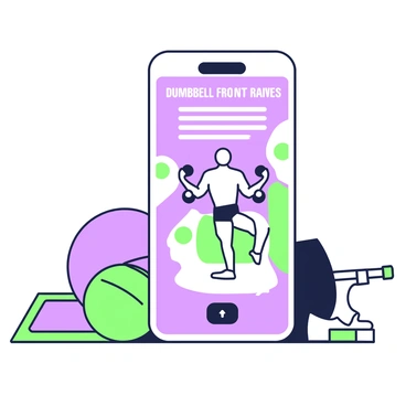 A smartphone is placed on a flat surface, displaying a fitness app tutorial screen. The screen shows a demonstration of a "dumbbell front raises" exercise. In the center of the display, there are clear instructional graphics illustrating a person performing the exercise with two dumbbells raised in front. The background of the screen features step-by-step text instructions on how to properly execute the movement. Surrounding the smartphone, there are a pair of dumbbells positioned beside a workout mat, creating an engaging fitness scene.