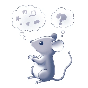A cute mouse sitting and contemplating with thought bubbles depicting its brain