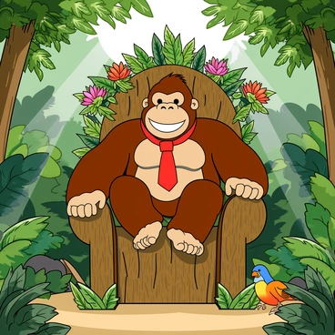 A large gorilla, resembling "Donkey Kong," is sitting on an intricately crafted throne made of intertwined tree branches, showcasing the natural beauty of the jungle. The throne is adorned with lush green leaves and vibrant tropical flowers. Donkey Kong has a friendly expression, with his iconic red tie prominently displayed. Surrounding him are various jungle elements, including large, leafy plants and a few colorful birds perched nearby, adding to the lively atmosphere. Sunlight filters through the dense jungle canopy, casting dappled shadows on the scene.