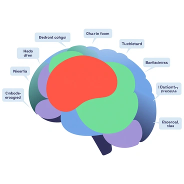 A colorful diagram of the brain highlighting the prefrontal cortex area in bright red