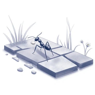 A single ant is carrying a small crumb along a garden path. The ant is depicted with intricate body segments and antennae, showcasing its hardworking demeanor. The garden path is composed of rustic stones, each varying in size and shape, creating a natural, uneven surface. Surrounding the path, there are blades of grass and small wildflowers, adding detail to the environment. In the background, a few scattered pebbles and patches of earth are visible, emphasizing the ant's journey through the garden.