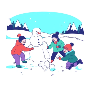 A white snowy landscape stretches out under a bright blue sky. In the foreground, several children, bundled up in colorful winter clothing, are happily building snowmen. One child, wearing a red hat, adds a carrot for the snowman's nose, while another child, dressed in a teal jacket, rolls a large snowball. Nearby, two other children are engaged in a snowball fight, laughter filling the air. The distant trees are dusted with white snow, creating a picturesque winter scene.