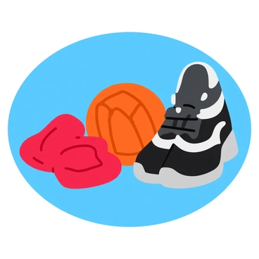 An assortment of volleyball gear is displayed on a bright blue background. A pair of black and white volleyball shoes is positioned prominently, showcasing their detailed design. Next to the shoes, a vibrant orange volleyball with a classic stitched pattern rests, displaying its iconic round shape. A set of knee pads in a bold red color is placed beside the ball, featuring a soft, padded texture. The arrangement emphasizes the importance of each piece, highlighting their role in the sport.