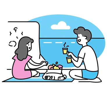 A couple sitting on a blanket at the edge of a cliff. The man, wearing a white t-shirt and blue shorts, is smiling as he pours lemonade into two clear glasses. The woman, wearing a red dress, is unpacking a wicker basket filled with sandwiches and fruits. Behind them, the cliff drops sharply to reveal a vast ocean stretching to the horizon, with gentle waves lapping against the rocks below. The sky is a bright blue, with a few fluffy white clouds scattered throughout.