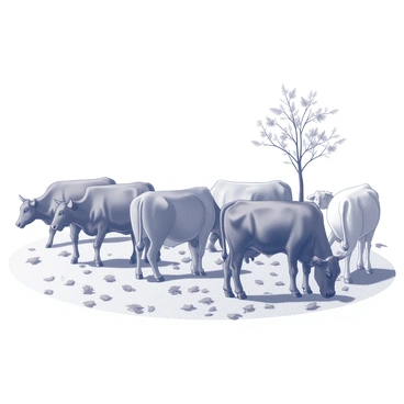 A group of cattle is grazing in a meadow. The ground is blanketed with fallen autumn leaves, creating a textured carpet of organic shapes and varying sizes. The cattle are varied in breed, some with distinctive markings and others solid-colored, all peacefully feeding on the grass. The meadow is open and expansive, with a few trees in the distance, their branches decorated with intermittent clusters of leaves. The atmosphere conveys a sense of calm and natural harmony.