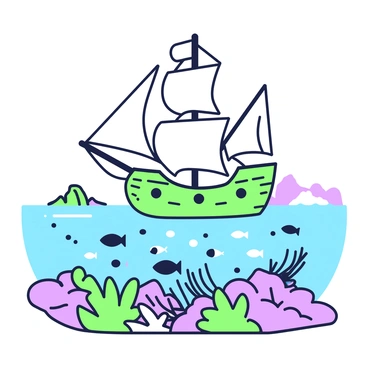 A wooden ship with a detailed hull and billowing sails is sailing gracefully above a tropical coral reef. The ship is framed against a bright blue sea, with the sunlight reflecting off the water's surface. Beneath the ship, the coral reef is visible, showcasing various shapes and textures of coral formations. A multitude of fish, in different sizes and patterns, swim among the corals, adding movement to the scene. In the background, a few distant islands can be seen near the horizon, completing the tropical setting.
