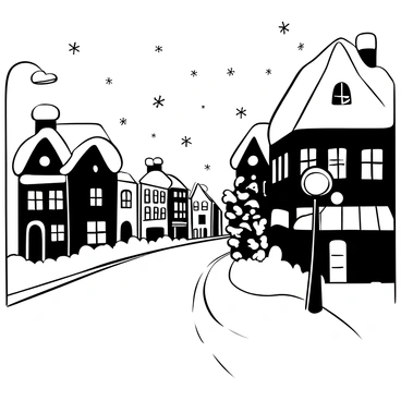 A city street covered in a thick layer of snow, with snowflakes gently falling from the sky. Buildings line the street, their rooftops heavy with snow. Warm light spills from windows, creating a cozy glow that contrasts with the cold outside. Snow-covered trees stand along the street, their branches heavy with white powder. A lamp post stands partially buried in snow, casting soft light onto the sidewalk.