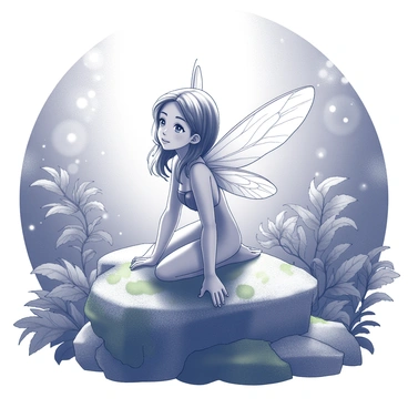 A small fairy with translucent wings is perched on a moss-covered rock. The wings are delicately detailed, showcasing intricate patterns. The fairy has a gentle expression, with flowing hair that cascades down her shoulders. Surrounding her is a lush forest filled with dense greenery, including ferns and various types of leaves. Sunlight filters through the canopy above, casting soft shadows on the ground. The moss on the rock is rich and textured, enhancing the natural setting.