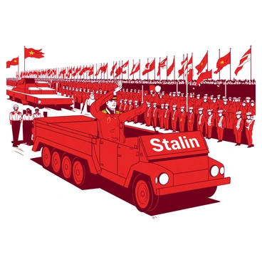 A red military parade is taking place on a wide street filled with rows of uniformed soldiers standing at attention. In the foreground, there is an open-top vehicle displaying "Stalin" prominently, with him saluting the crowd. He is wearing a military uniform adorned with various medals. The background features colorful flags waving in the breeze and a large crowd of spectators cheering and holding banners. There are tanks and military equipment lined up as part of the parade, showcasing the military power of the time.