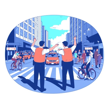 Two police officers in bright orange vests are standing on a busy intersection, each directing traffic with their arms raised. The first officer is signaling for cars to stop, while the second officer is waving cars to proceed. The background features tall buildings with glass windows reflecting sunlight. A diverse crowd of pedestrians is waiting at the crosswalk, some checking their watches and others talking to each other. Bicycles and taxis are seen in the street, contributing to the bustling atmosphere of the city during rush hour.