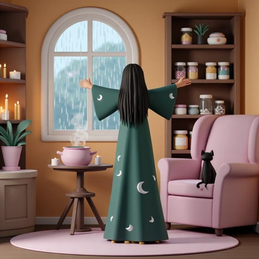 A witch, wearing a deep green robe adorned with silver moon patterns, stands in the center of a cozy cottage. Her long black hair cascades down her back as she raises her arms, casting a spell. The room is filled with wooden shelves lined with glass jars containing various magical ingredients. A round table nearby holds a bubbling cauldron, emitting wisps of steam. Outside the window, raindrops cascade down the glass, adding to the warm ambiance. Flickering candles on the windowsill cast soft, dancing shadows around the room. A black cat sits curled up on a plush armchair, watching the witch intently.