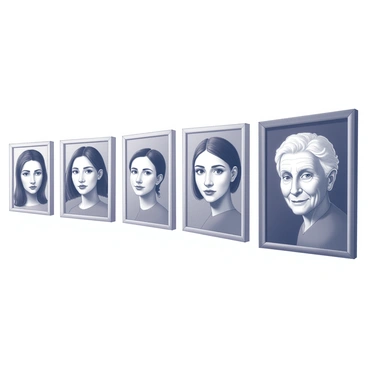 A gallery featuring a collection of portraits arranged in a line. Each portrait depicts an individual of different ages, showcasing the same facial features at various life stages. The first portrait shows a youthful face with smooth skin and bright eyes, followed by an image of the same person as an adult, with subtle signs of maturity. The third portrait displays the individual in middle age, maintaining a sense of grace and poise. The final portrait reveals an elderly version of the subject, with gentle wrinkles that speak of wisdom and experience. Each portrait is framed elegantly, emphasizing the continuity of beauty over time.