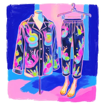 A set of nightwear includes a long-sleeved shirt and matching pants, designed with "3D bioluminescent patterns" that glow in the dark. The fabric appears soft and comfortable, showcasing swirling, organic shapes that mimic underwater life. The colors of the patterns range from bright greens to deep blues, creating a striking contrast against the soft black fabric of the nightwear. The ensemble is displayed on a mannequin, set against a softly lit background to highlight the glowing elements.