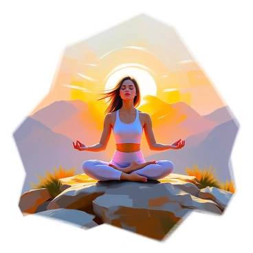 A yoga practitioner on a mountain plateau, exhaling deeply with a sense of calm