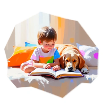 A young child with brown hair and wearing a colorful t-shirt is sitting on a soft, plush rug. The child is engrossed in a storybook, holding it open while looking down with a smile. Next to the child, a gentle golden retriever therapy dog is lying comfortably, resting its head on the child's lap. The dog's fur is fluffy and well-groomed. The quiet corner is filled with warm, soft lighting, and there are some colorful cushions scattered around, creating a cozy atmosphere. The child and the dog are both relaxed, embodying a sense of calm and companionship in this intimate reading moment.